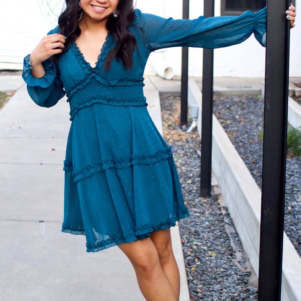 ✨ B. Darlin Teal Ruffle Long Sleeve Mini Dress — Size 1/2 ,  Teal/dark cyan chi
